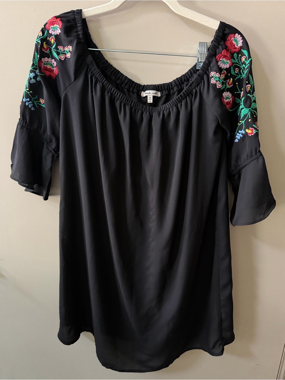 bleuh ciel Black Off-Shoulder Tunic with Pink & Green Floral Embroidery